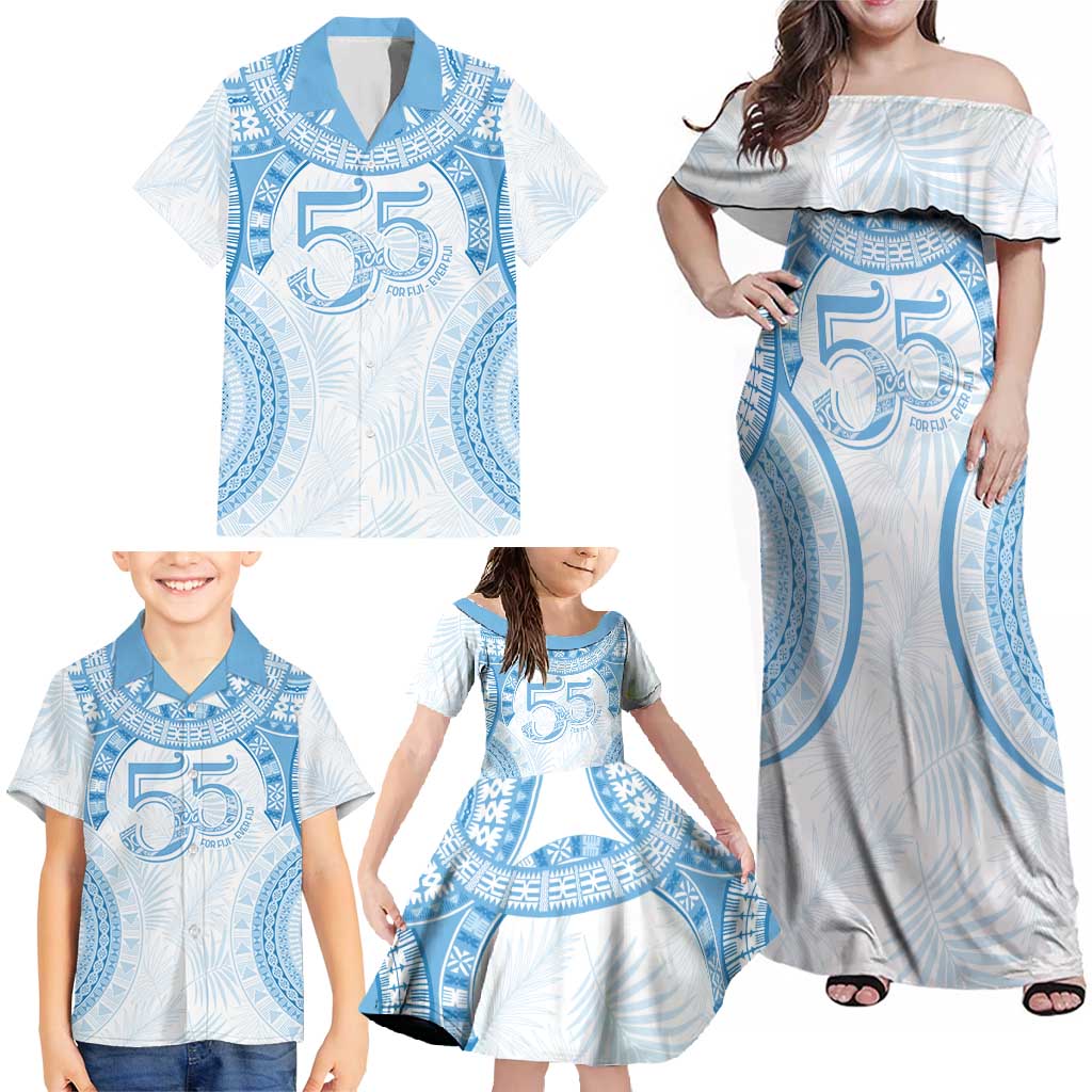 Bula Fiji Day 55th Anniversary Masi Tapa Family Matching Off Shoulder Maxi Dress and Hawaiian Shirt Emerald Jubilee - Turquoise - Polynesian Pride