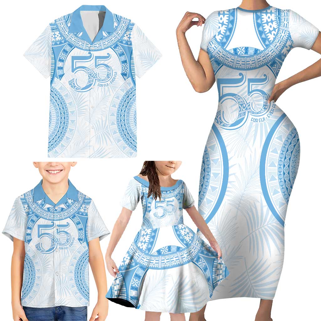 Bula Fiji Day 55th Anniversary Masi Tapa Family Matching Short Sleeve Bodycon Dress and Hawaiian Shirt Emerald Jubilee - Turquoise - Polynesian Pride