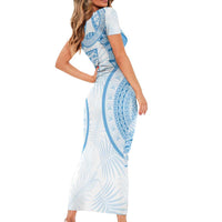 Bula Fiji Day 55th Anniversary Masi Tapa Family Matching Short Sleeve Bodycon Dress and Hawaiian Shirt Emerald Jubilee - Turquoise - Polynesian Pride