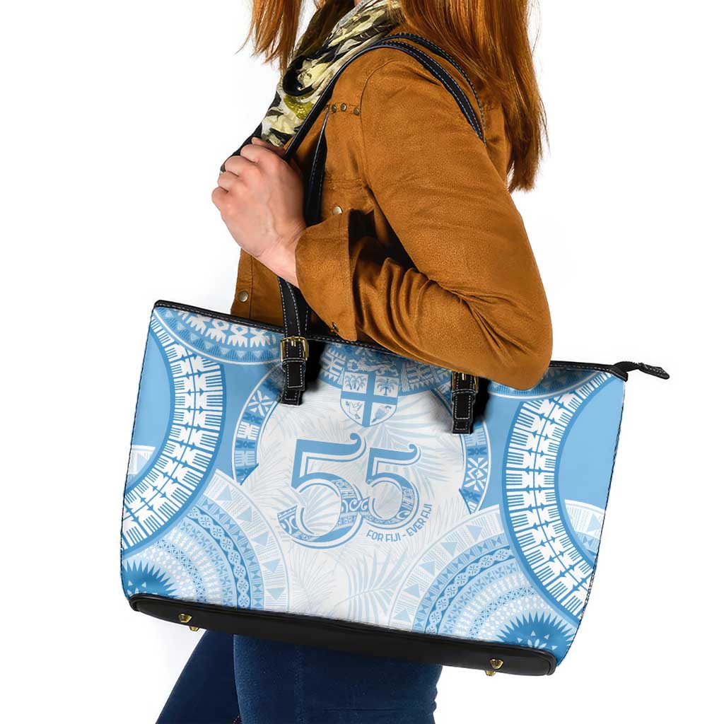 Bula Fiji Day 55th Anniversary Masi Tapa Leather Tote Bag Emerald Jubilee - Turquoise - Polynesian Pride