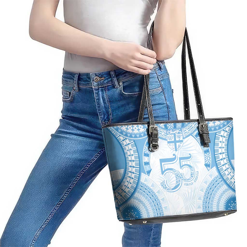 Bula Fiji Day 55th Anniversary Masi Tapa Leather Tote Bag Emerald Jubilee - Turquoise - Polynesian Pride