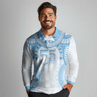 Bula Fiji Day 55th Anniversary Masi Tapa Long Sleeve Polo Shirt Emerald Jubilee - Turquoise - Polynesian Pride