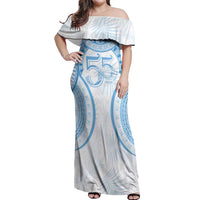 Bula Fiji Day 55th Anniversary Masi Tapa Off Shoulder Maxi Dress Emerald Jubilee - Turquoise - Polynesian Pride