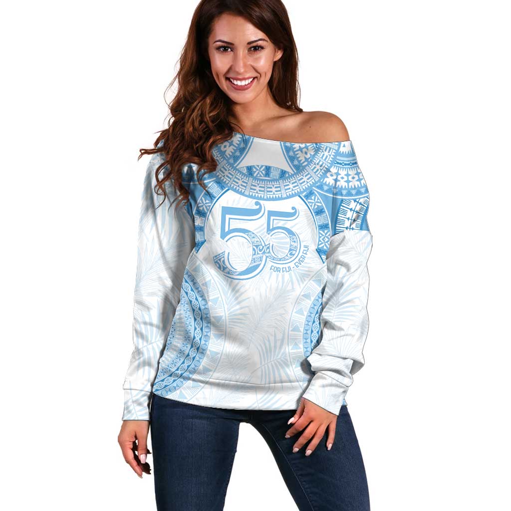 Bula Fiji Day 55th Anniversary Masi Tapa Off Shoulder Sweater Emerald Jubilee - Turquoise - Polynesian Pride