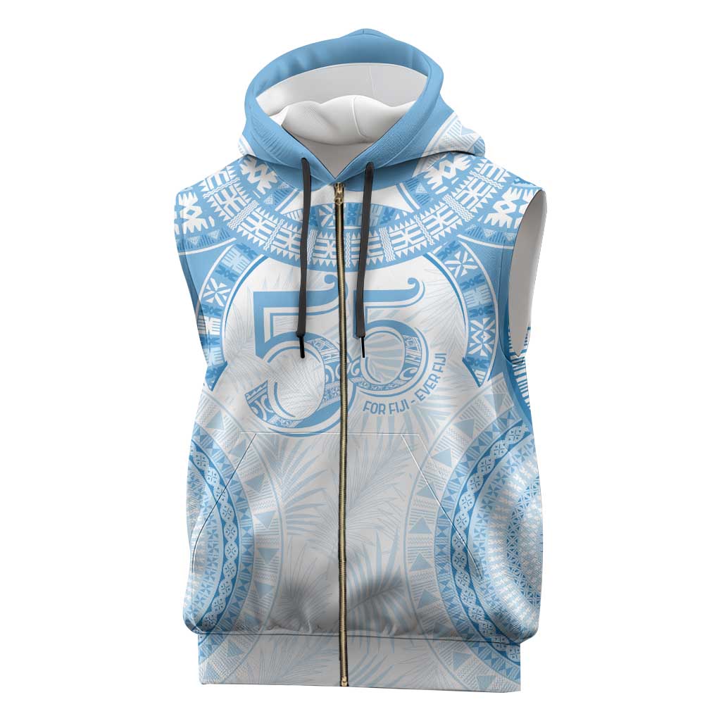 Bula Fiji Day 55th Anniversary Masi Tapa Sleeveless Zip Hoodie Emerald Jubilee - Turquoise - Polynesian Pride