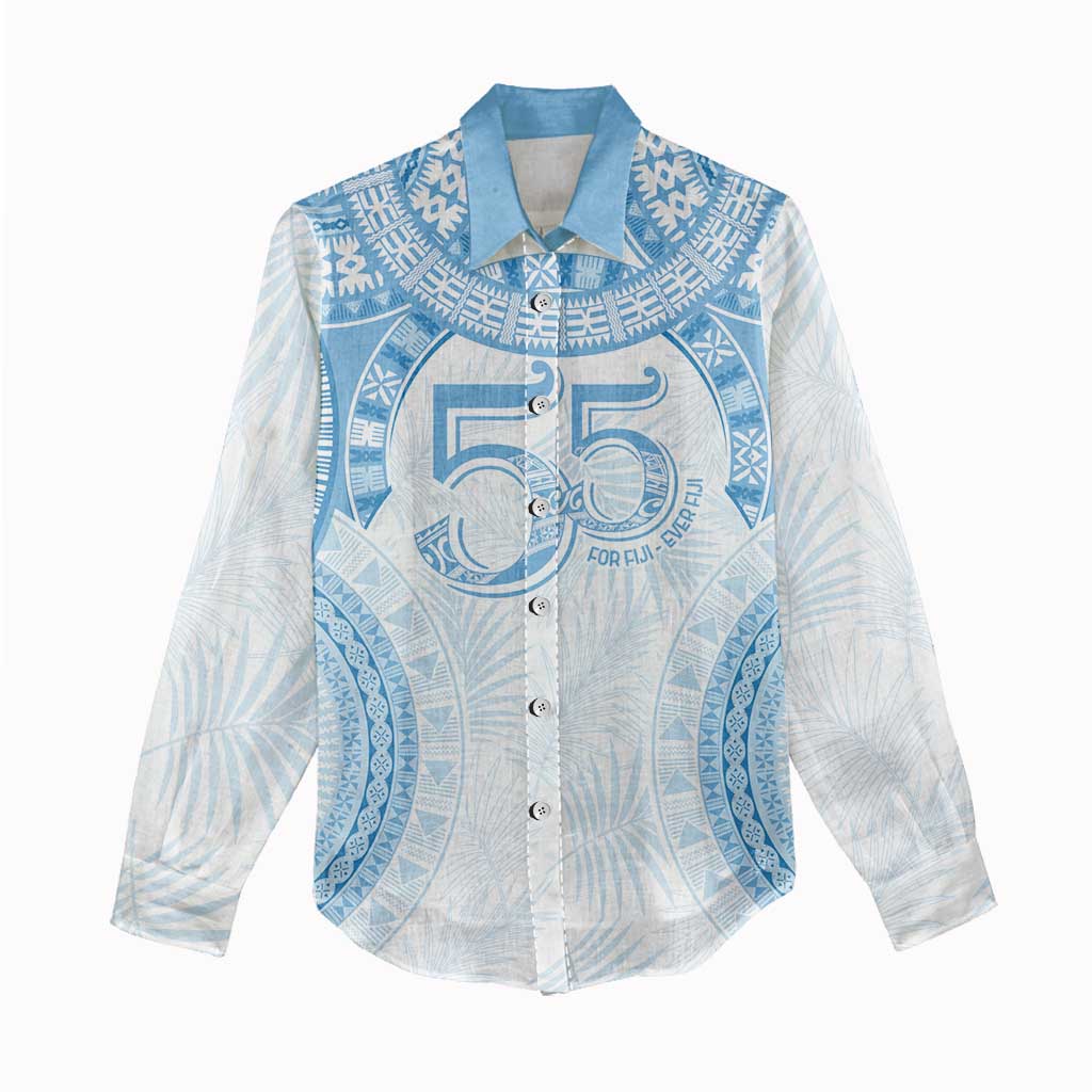 Bula Fiji Day 55th Anniversary Masi Tapa Women Casual Shirt Emerald Jubilee - Turquoise - Polynesian Pride