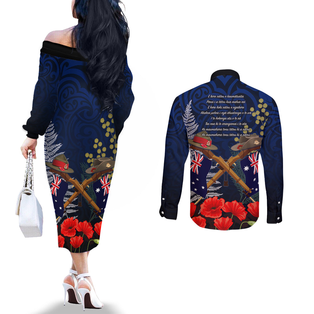 Anzac Day Aussie Mix Maori In Memories Couples Matching Off The Shoulder Long Sleeve Dress and Long Sleeve Button Shirt LT7 - Polynesian Pride
