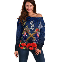 Anzac Day Aussie Mix Maori In Memories Off Shoulder Sweater LT7 Women Blue - Polynesian Pride