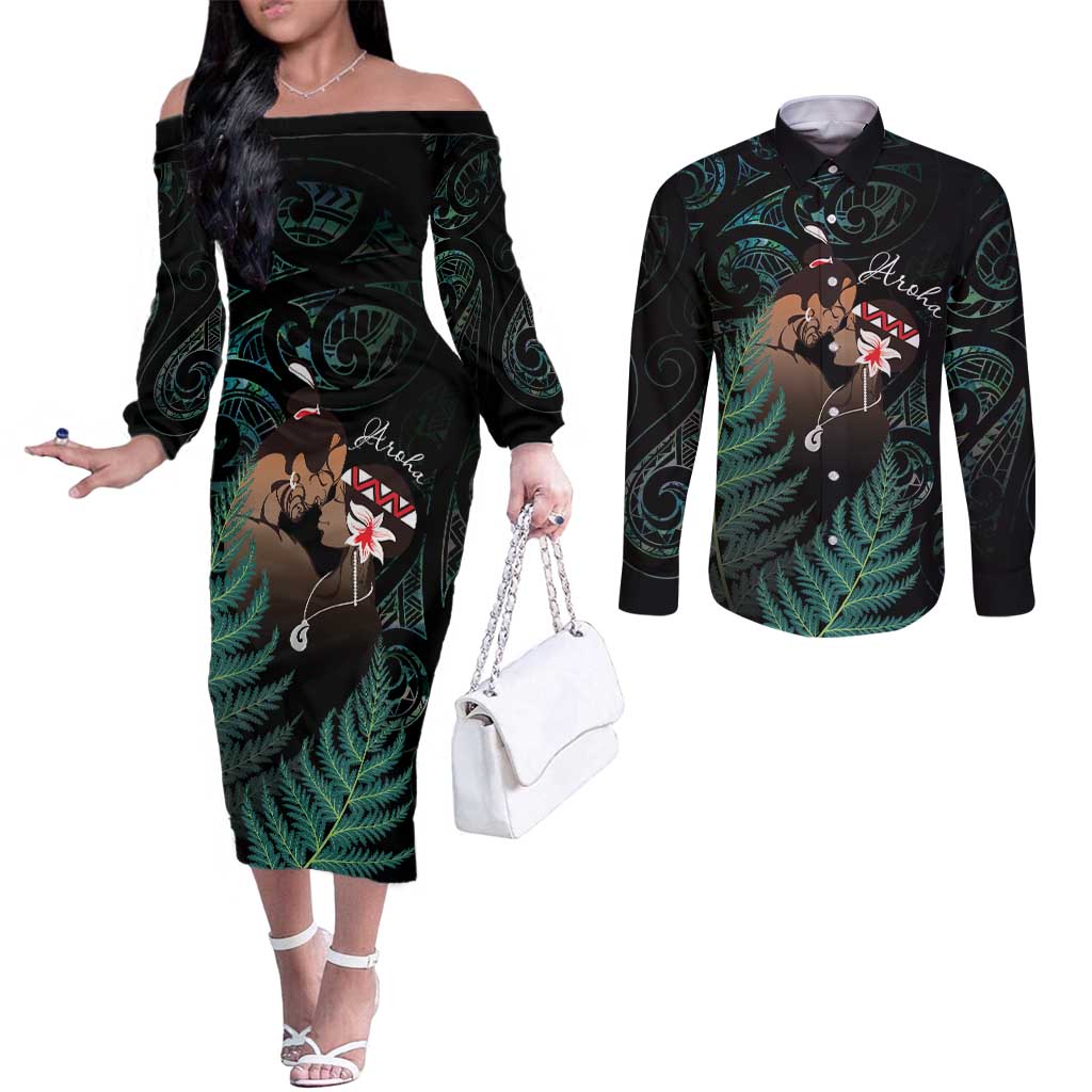 Maori Hongi Valentine Couples Matching Off The Shoulder Long Sleeve Dress and Long Sleeve Button Shirt Aroha Ahau Ki A Koe LT7 Emerald - Polynesian Pride