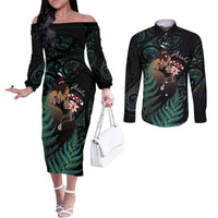 Maori Hongi Valentine Couples Matching Off The Shoulder Long Sleeve Dress and Long Sleeve Button Shirt Aroha Ahau Ki A Koe LT7 Emerald - Polynesian Pride
