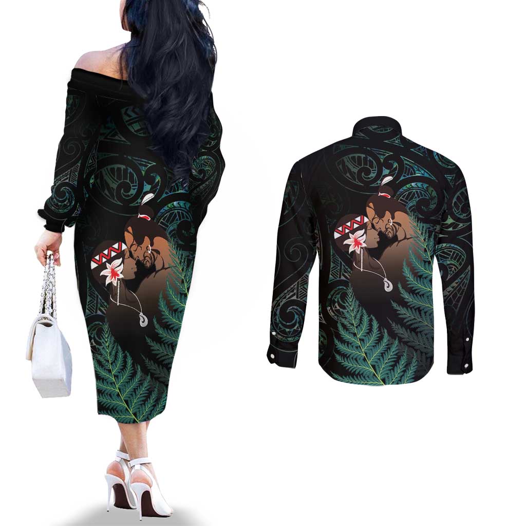 Maori Hongi Valentine Couples Matching Off The Shoulder Long Sleeve Dress and Long Sleeve Button Shirt Aroha Ahau Ki A Koe LT7 - Polynesian Pride