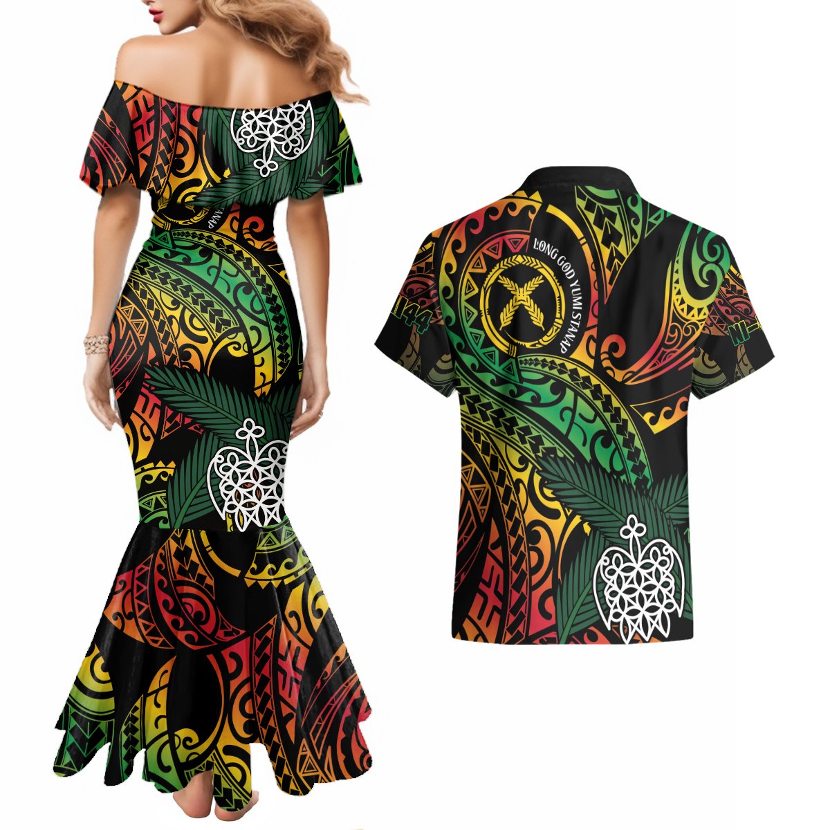 Vanuatu Indipendens Dei Couples Matching Mermaid Dress and Hawaiian Shirt Mix Traditional Sand Drawing