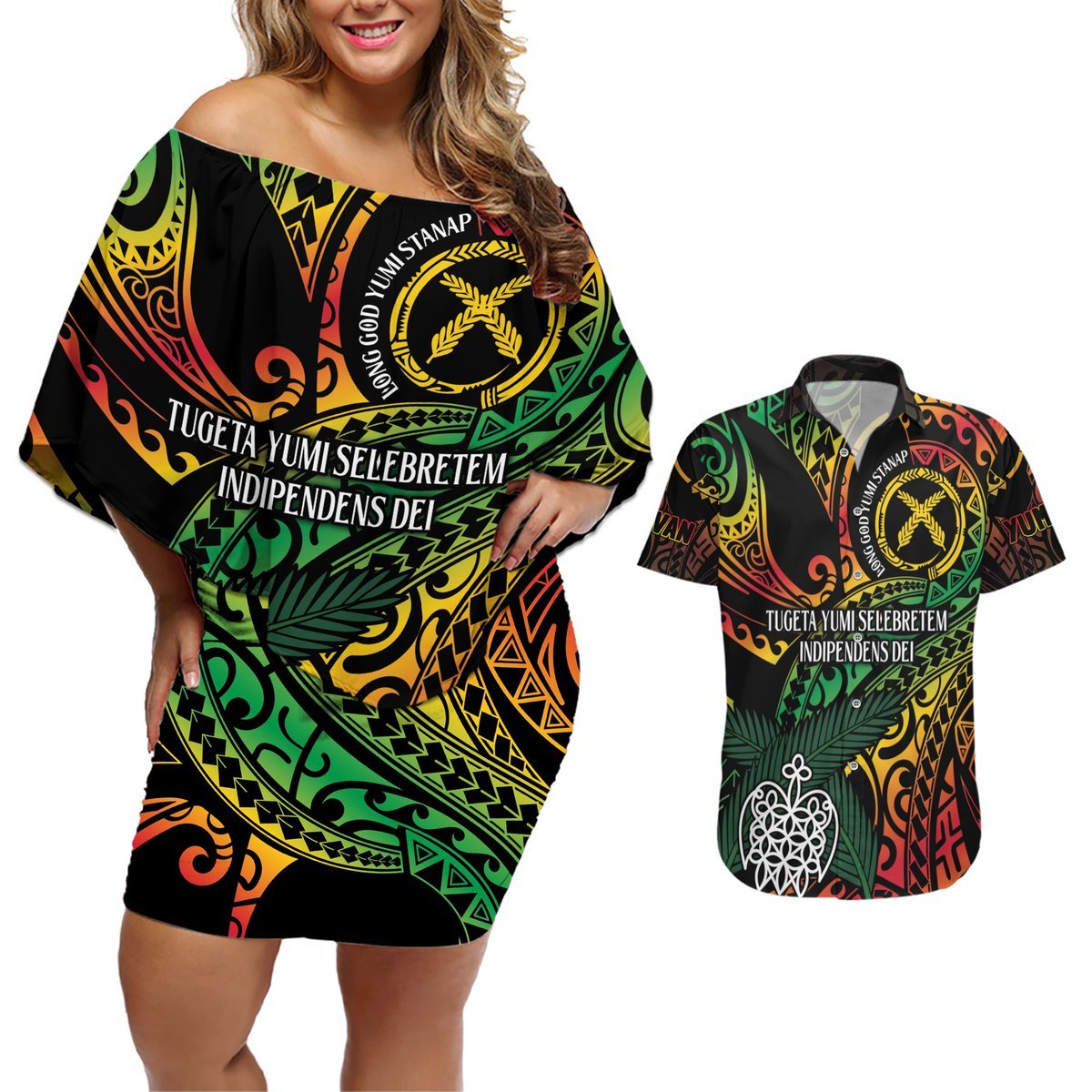 Vanuatu Indipendens Dei Couples Matching Off Shoulder Short Dress and Hawaiian Shirt Mix Traditional Sand Drawing LT7 Colorful - Polynesian Pride