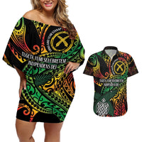 Vanuatu Indipendens Dei Couples Matching Off Shoulder Short Dress and Hawaiian Shirt Mix Traditional Sand Drawing LT7 Colorful - Polynesian Pride