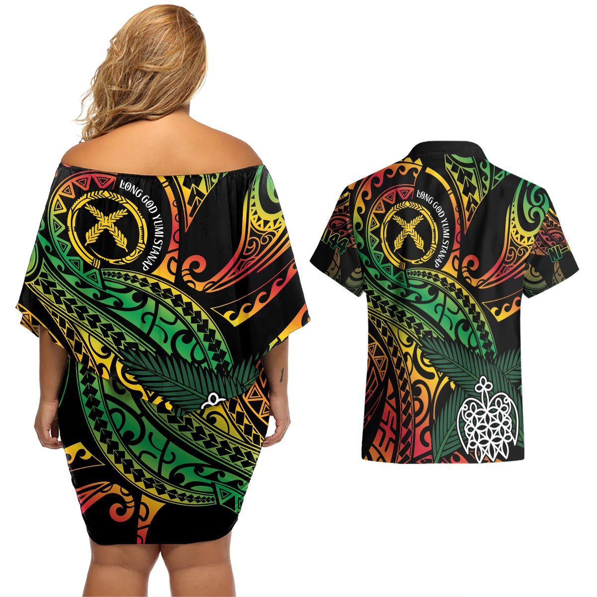 Vanuatu Indipendens Dei Couples Matching Off Shoulder Short Dress and Hawaiian Shirt Mix Traditional Sand Drawing LT7 - Polynesian Pride