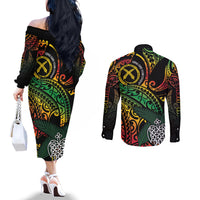 Vanuatu Indipendens Dei Couples Matching Off The Shoulder Long Sleeve Dress and Long Sleeve Button Shirt Mix Traditional Sand Drawing