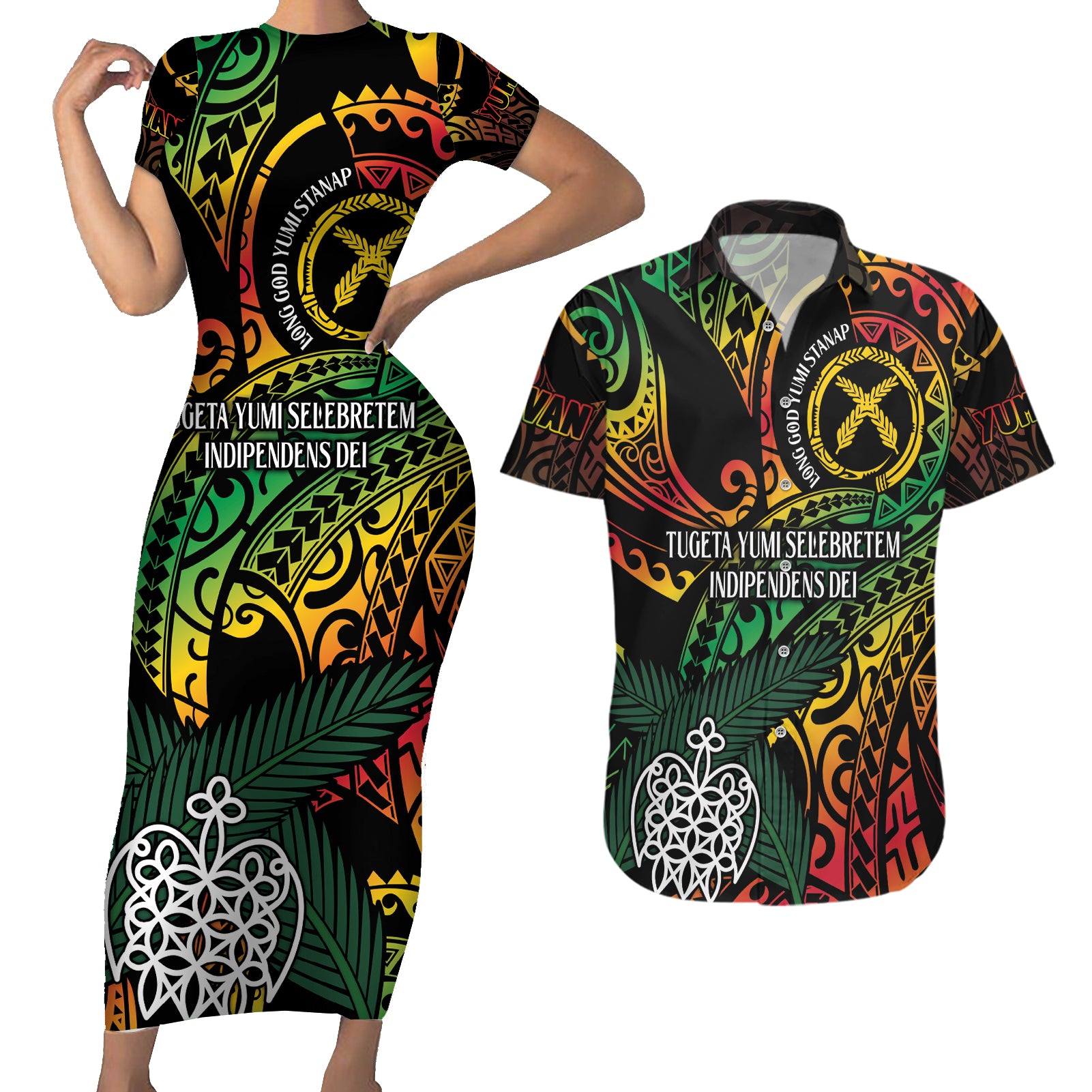 Vanuatu Indipendens Dei Couples Matching Short Sleeve Bodycon Dress and Hawaiian Shirt Mix Traditional Sand Drawing