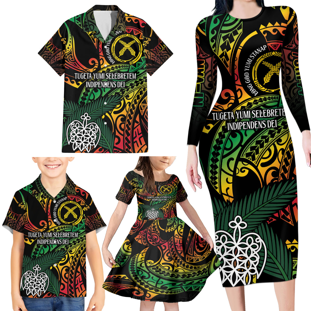 Vanuatu Indipendens Dei Family Matching Long Sleeve Bodycon Dress and Hawaiian Shirt Mix Traditional Sand Drawing LT7 - Polynesian Pride