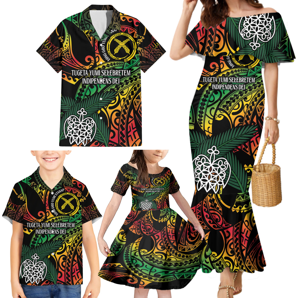 Vanuatu Indipendens Dei Family Matching Mermaid Dress and Hawaiian Shirt Mix Traditional Sand Drawing LT7 - Polynesian Pride