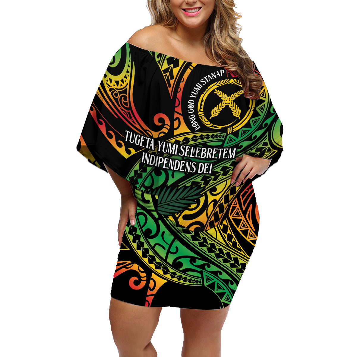 Vanuatu Indipendens Dei Family Matching Off Shoulder Short Dress and Hawaiian Shirt Mix Traditional Sand Drawing