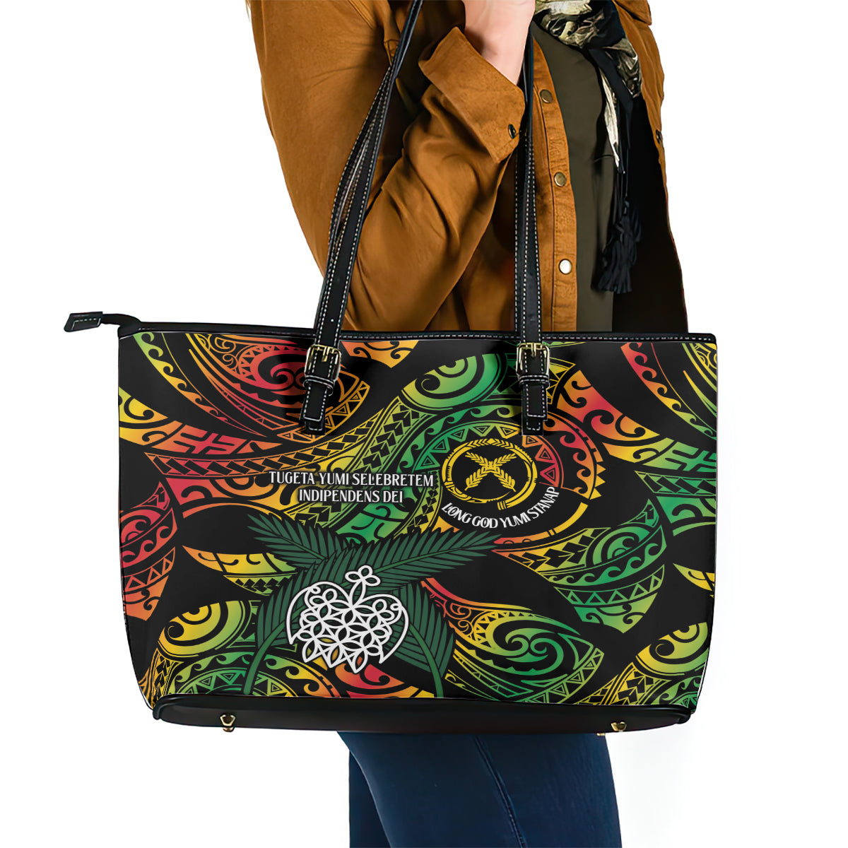 Vanuatu Indipendens Dei Leather Tote Bag Mix Traditional Sand Drawing