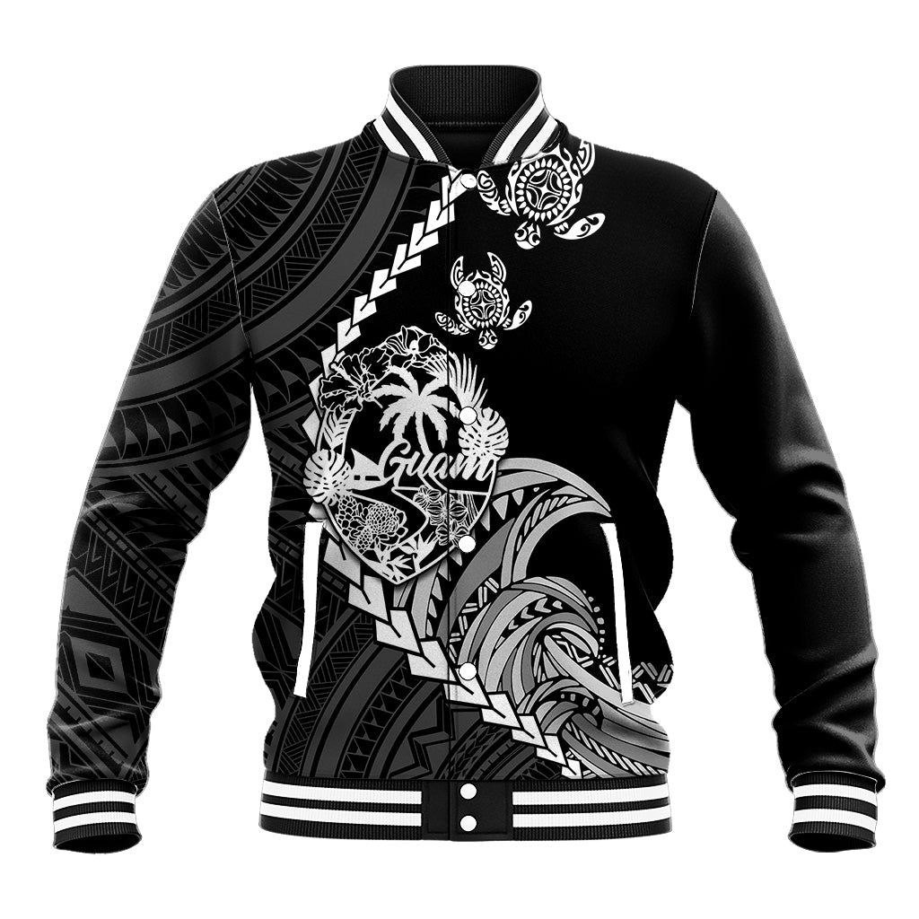 Personalised Guam Baseball Jacket Tribal Turtles Curves Style - Black LT7 Unisex Black - Polynesian Pride