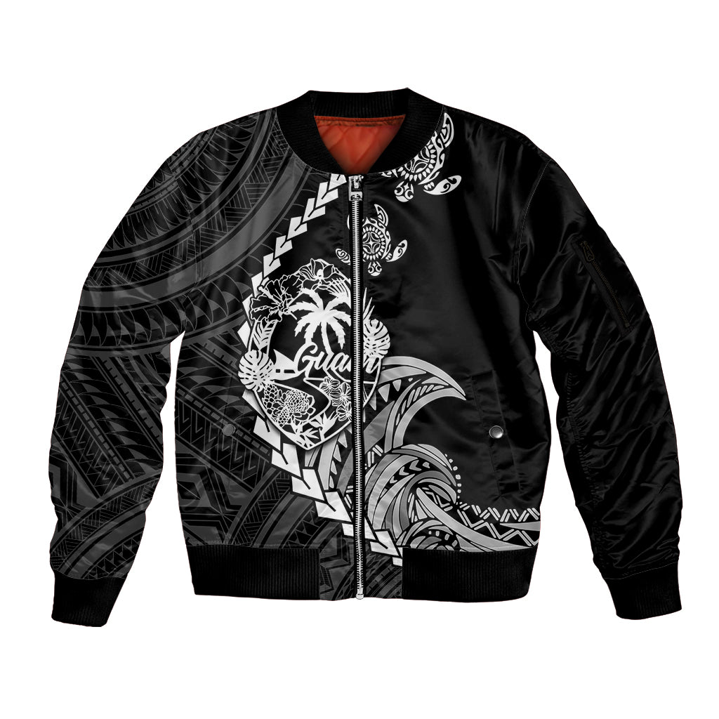 Personalised Guam Sleeve Zip Bomber Jacket Tribal Turtles Curves Style - Black LT7 Unisex Black - Polynesian Pride