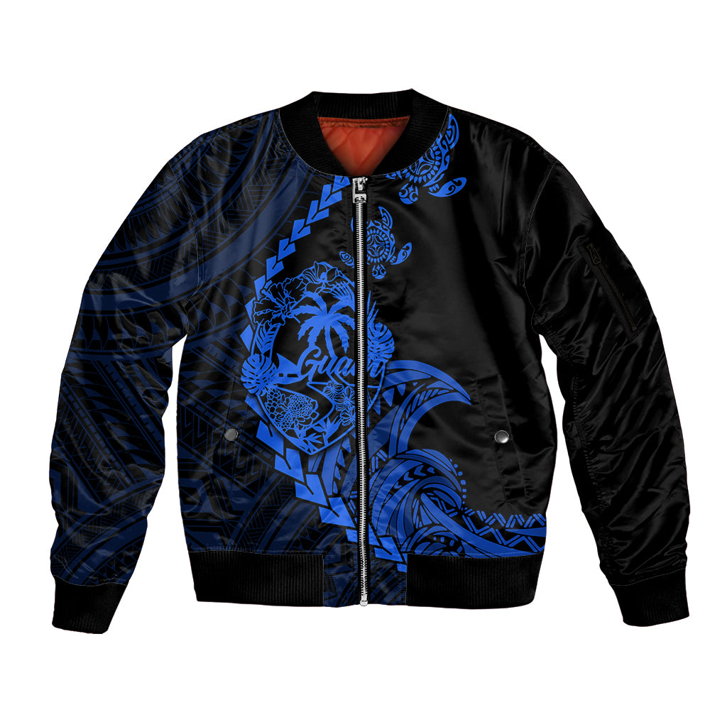 Personalised Guam Sleeve Zip Bomber Jacket Tribal Turtles Curves Style - Blue LT7 Unisex Blue - Polynesian Pride