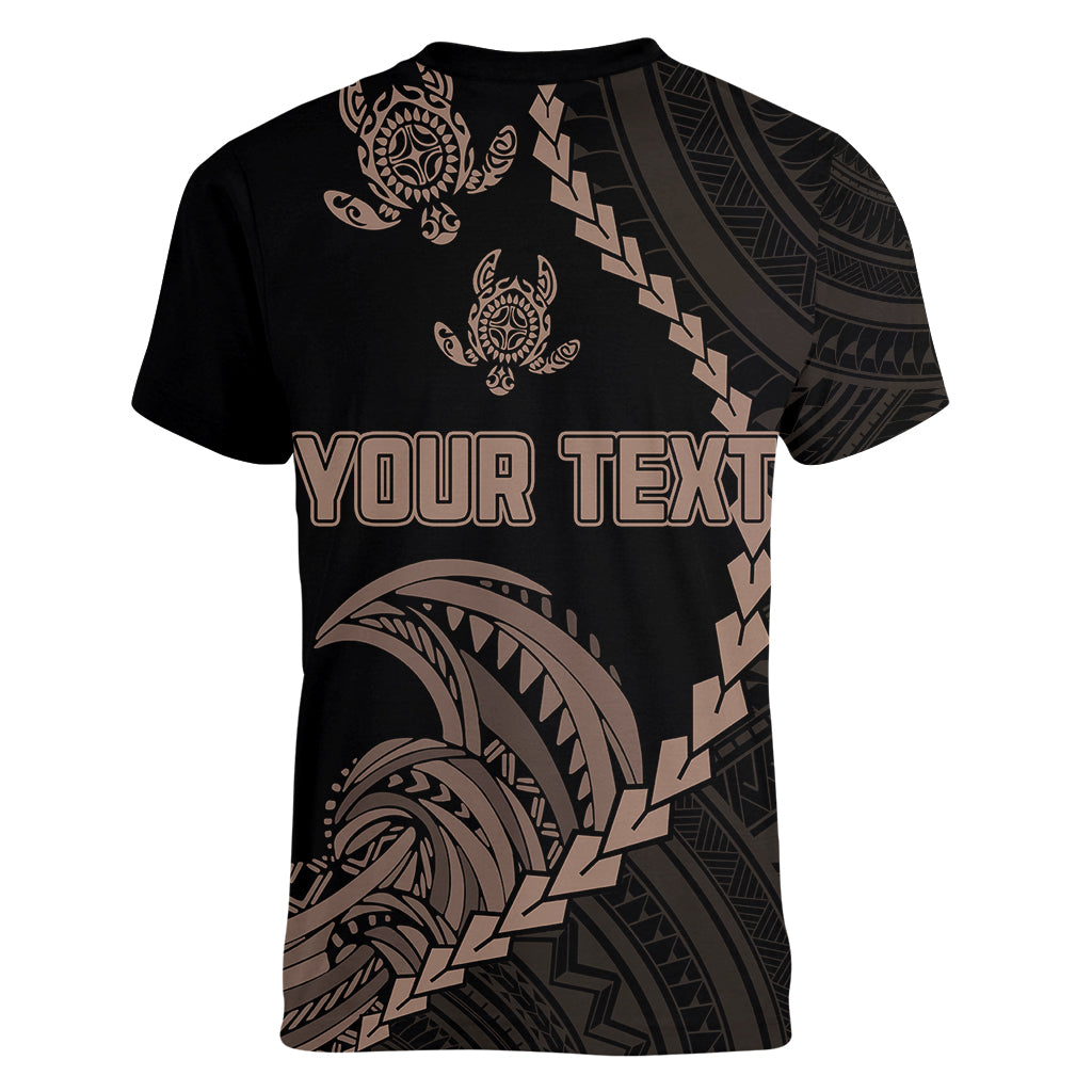 Personalised Guam Women V Neck T Shirt Tribal Turtles Curves Style - Brown LT7 - Polynesian Pride
