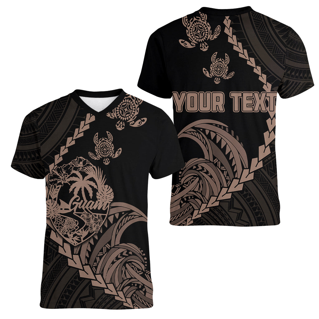 Personalised Guam Women V Neck T Shirt Tribal Turtles Curves Style - Brown LT7 - Polynesian Pride