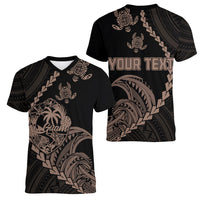 Personalised Guam Women V Neck T Shirt Tribal Turtles Curves Style - Brown LT7 - Polynesian Pride