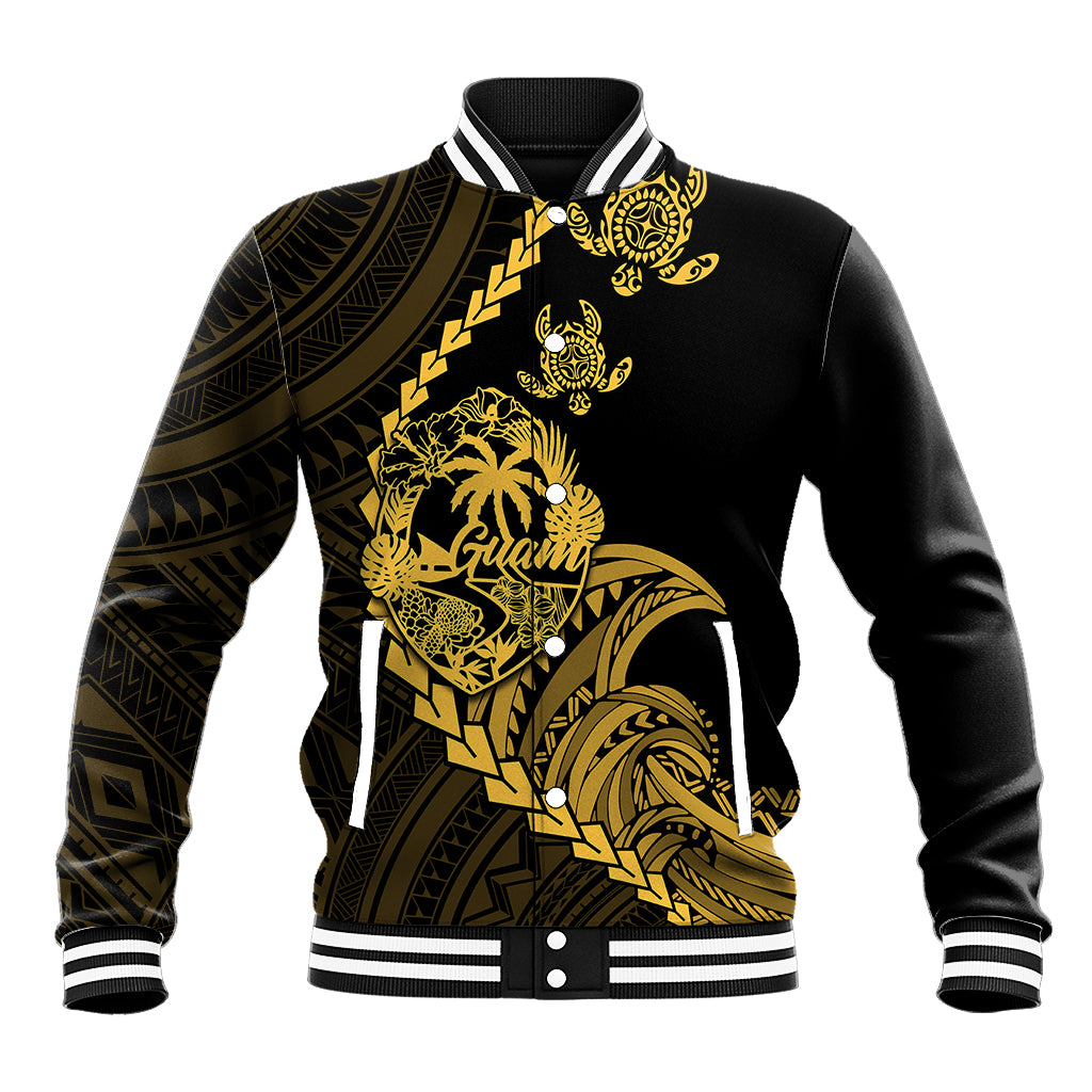Personalised Guam Baseball Jacket Tribal Turtles Curves Style - Gold LT7 Unisex Gold - Polynesian Pride
