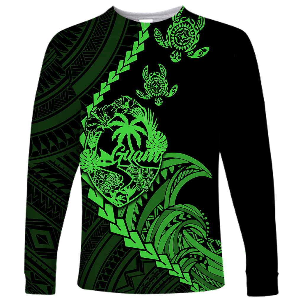 Personalised Guam Long Sleeve Shirt Tribal Turtles Curves Style - Green LT7 Unisex Green - Polynesian Pride