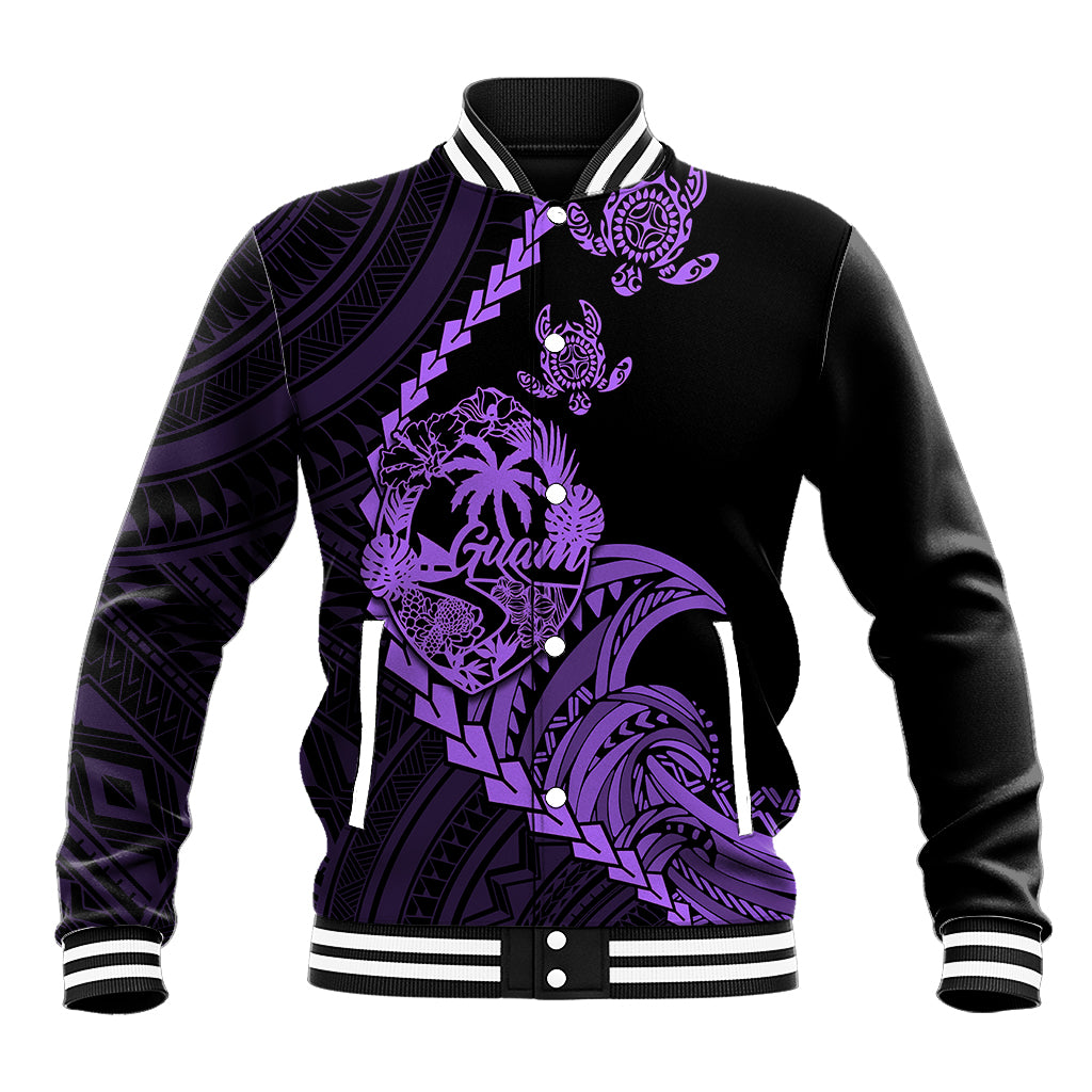 Personalised Guam Baseball Jacket Tribal Turtles Curves Style - Purple LT7 Unisex Purple - Polynesian Pride