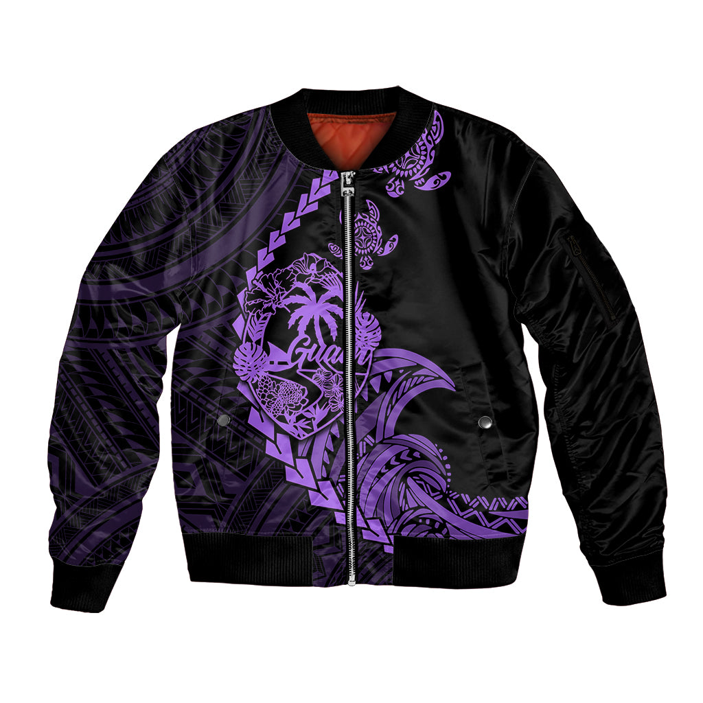 Personalised Guam Sleeve Zip Bomber Jacket Tribal Turtles Curves Style - Purple LT7 Unisex Purple - Polynesian Pride
