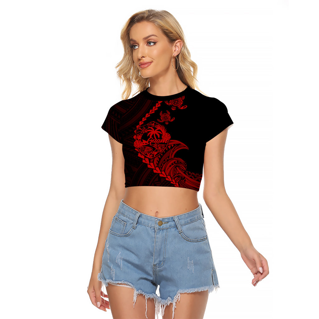 Personalised Guam Raglan Cropped T Shirt Tribal Turtles Curves Style - Red LT7 Female Red - Polynesian Pride