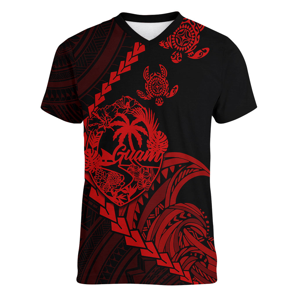 Personalised Guam Women V Neck T Shirt Tribal Turtles Curves Style - Red LT7 Female Red - Polynesian Pride