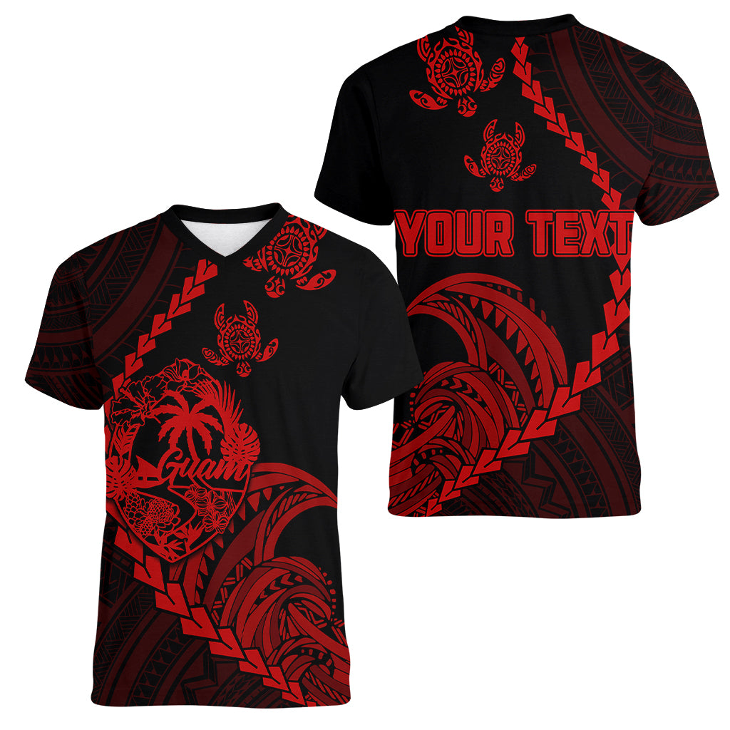 Personalised Guam Women V Neck T Shirt Tribal Turtles Curves Style - Red LT7 - Polynesian Pride
