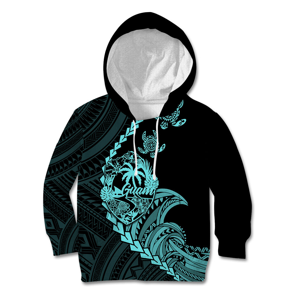 Personalised Guam Kid Hoodie Tribal Turtles Curves Style - Turquoise LT7 Hoodie Turquoise - Polynesian Pride