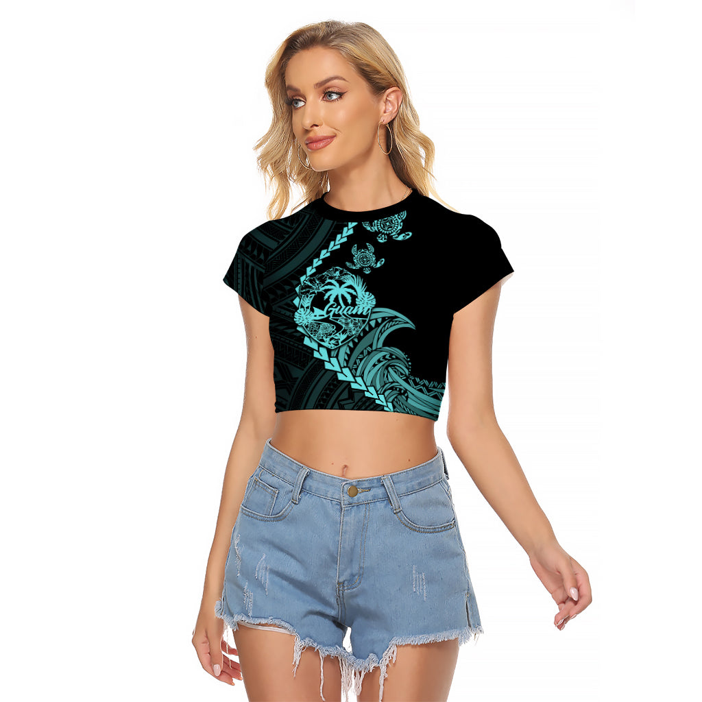 Personalised Guam Raglan Cropped T Shirt Tribal Turtles Curves Style - Turquoise LT7 Female Turquoise - Polynesian Pride