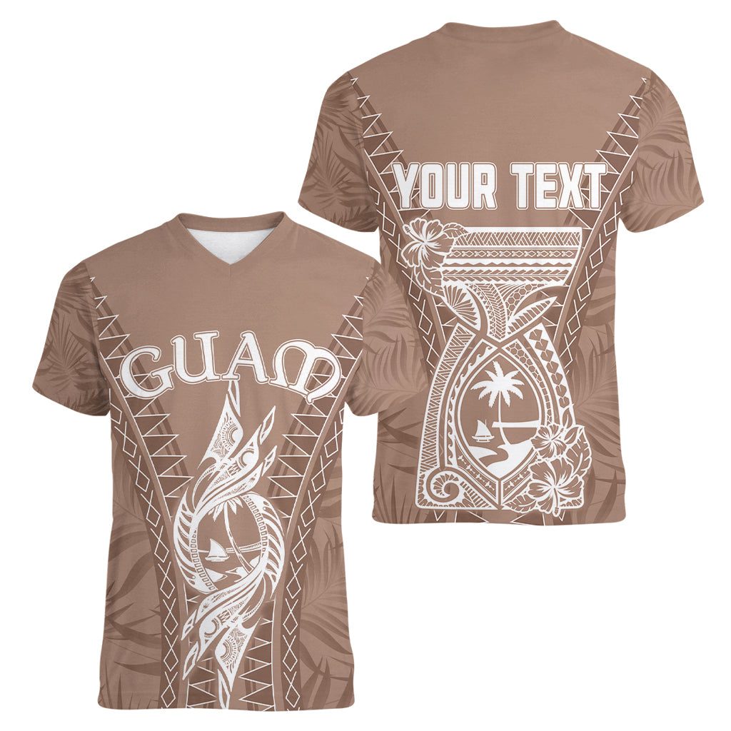 Personalised Guam Women V Neck T Shirt Chamoro Latte Stone Mix Tropical - Brown LT7 - Polynesian Pride