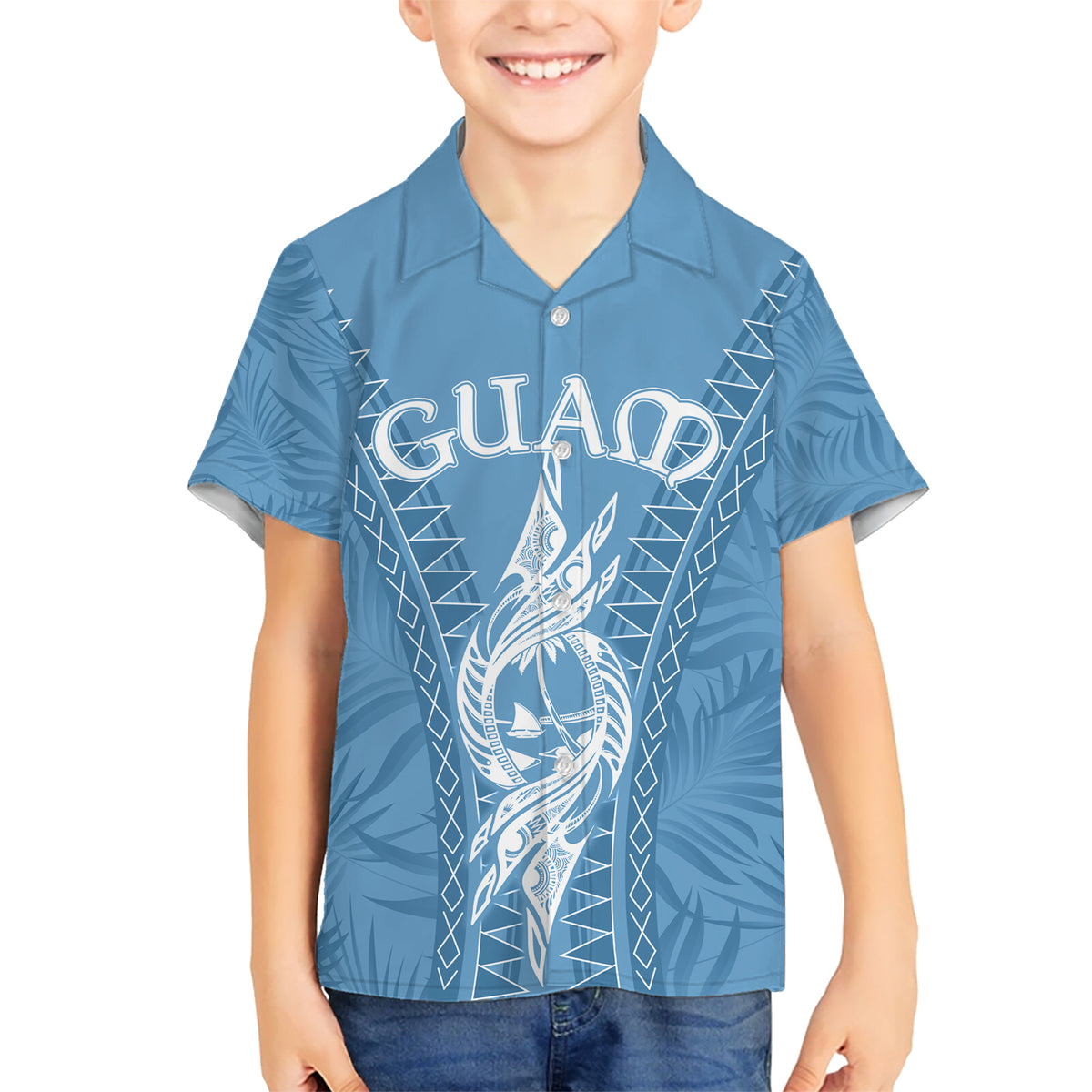 Personalised Guam Hawaiian Shirt Chamoro Latte Stone Mix Tropical - Blue LT7 - Polynesian Pride