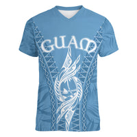 Personalised Guam Women V Neck T Shirt Chamoro Latte Stone Mix Tropical - Blue LT7 Female Blue - Polynesian Pride