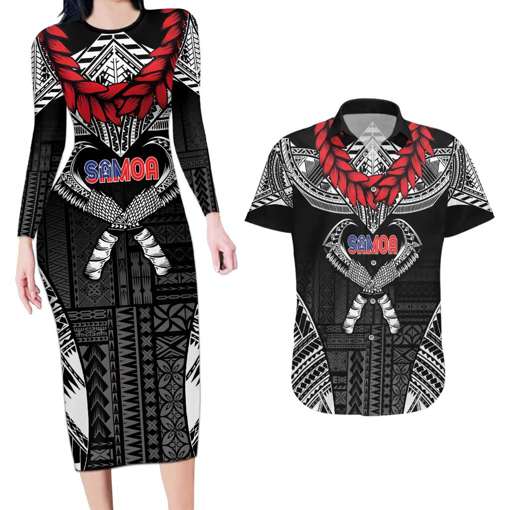 Personalized Talofa Samoa Couples Matching Long Sleeve Bodycon Dress and Hawaiian Shirt Ulafala With Toa Nifo'oti - Black