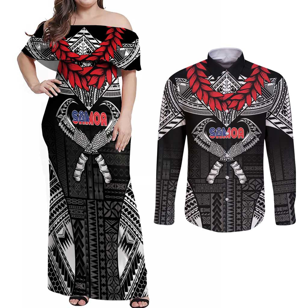 Personalized Talofa Samoa Couples Matching Off Shoulder Maxi Dress and Long Sleeve Button Shirt Ulafala With Toa Nifo'oti - Black