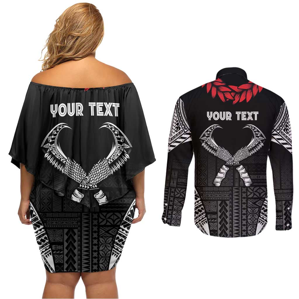 Personalized Talofa Samoa Couples Matching Off Shoulder Short Dress and Long Sleeve Button Shirt Ulafala With Toa Nifo'oti - Black