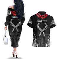 Personalized Talofa Samoa Couples Matching Off The Shoulder Long Sleeve Dress and Hawaiian Shirt Ulafala With Toa Nifo'oti - Black