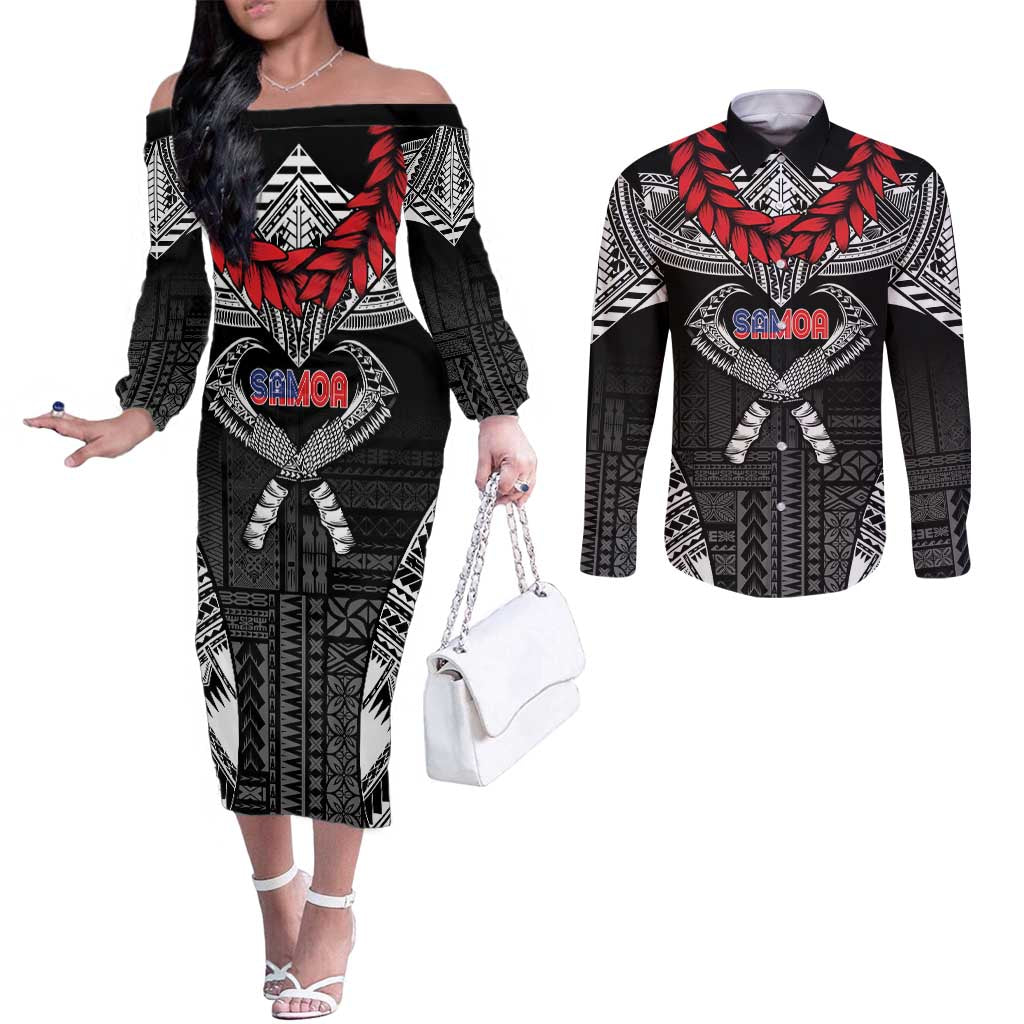 Personalized Talofa Samoa Couples Matching Off The Shoulder Long Sleeve Dress and Long Sleeve Button Shirt Ulafala With Toa Nifo'oti - Black