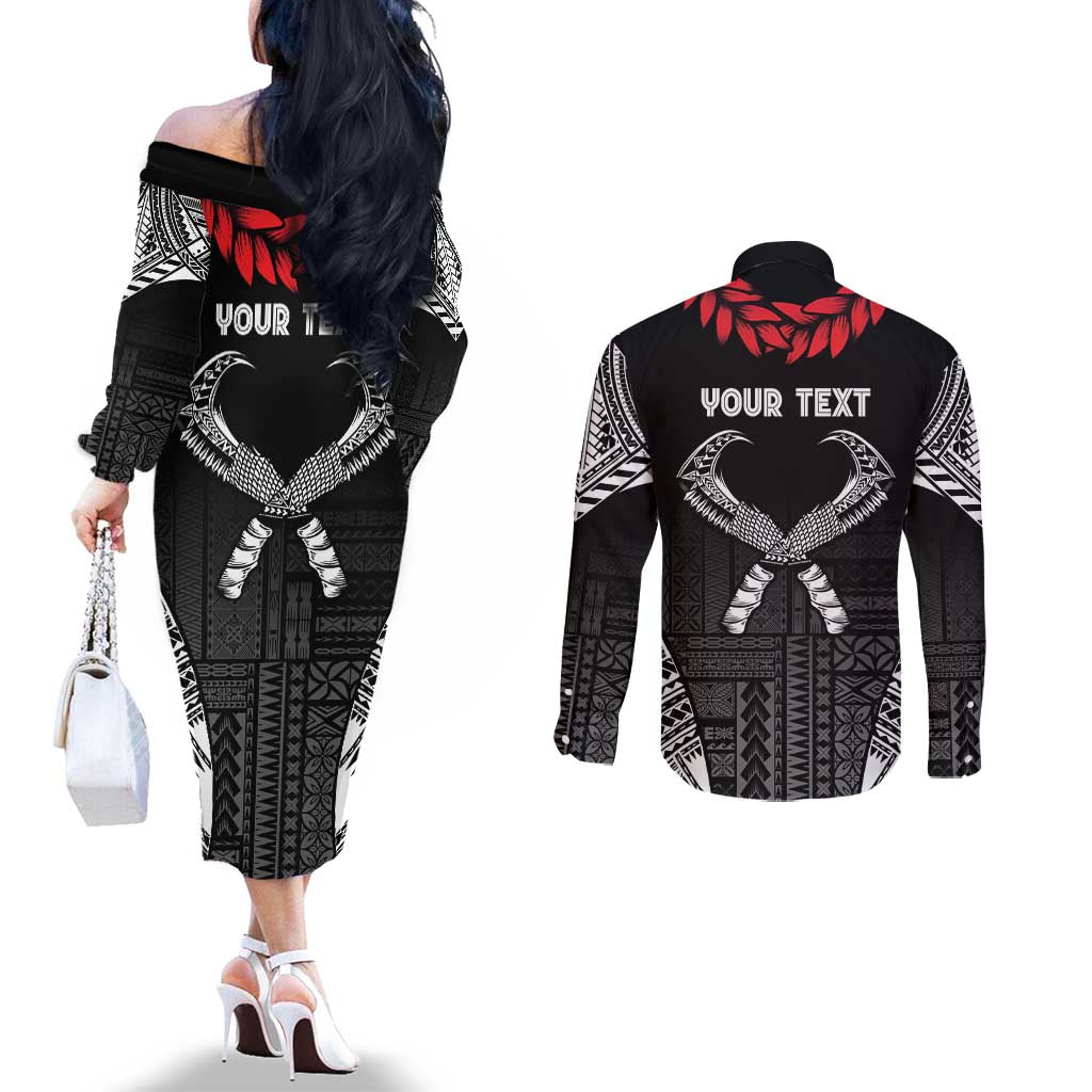 Personalized Talofa Samoa Couples Matching Off The Shoulder Long Sleeve Dress and Long Sleeve Button Shirt Ulafala With Toa Nifo'oti - Black