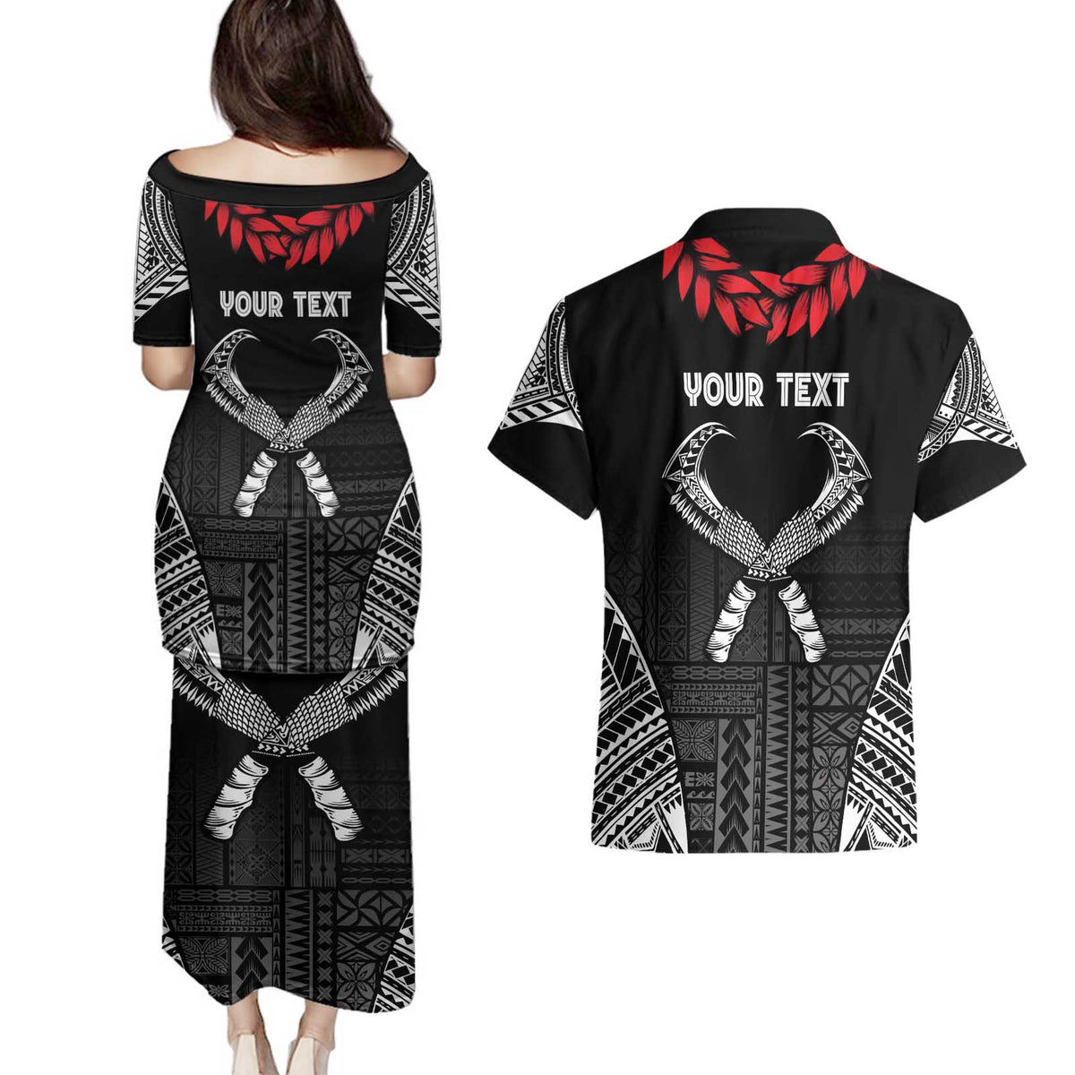 Personalized Talofa Samoa Couples Matching Puletasi and Hawaiian Shirt Ulafala With Toa Nifo'oti - Black